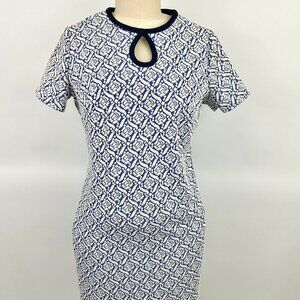 Vintage 1960s Dress | Blue White | Zipper Back | Key Hole Neck